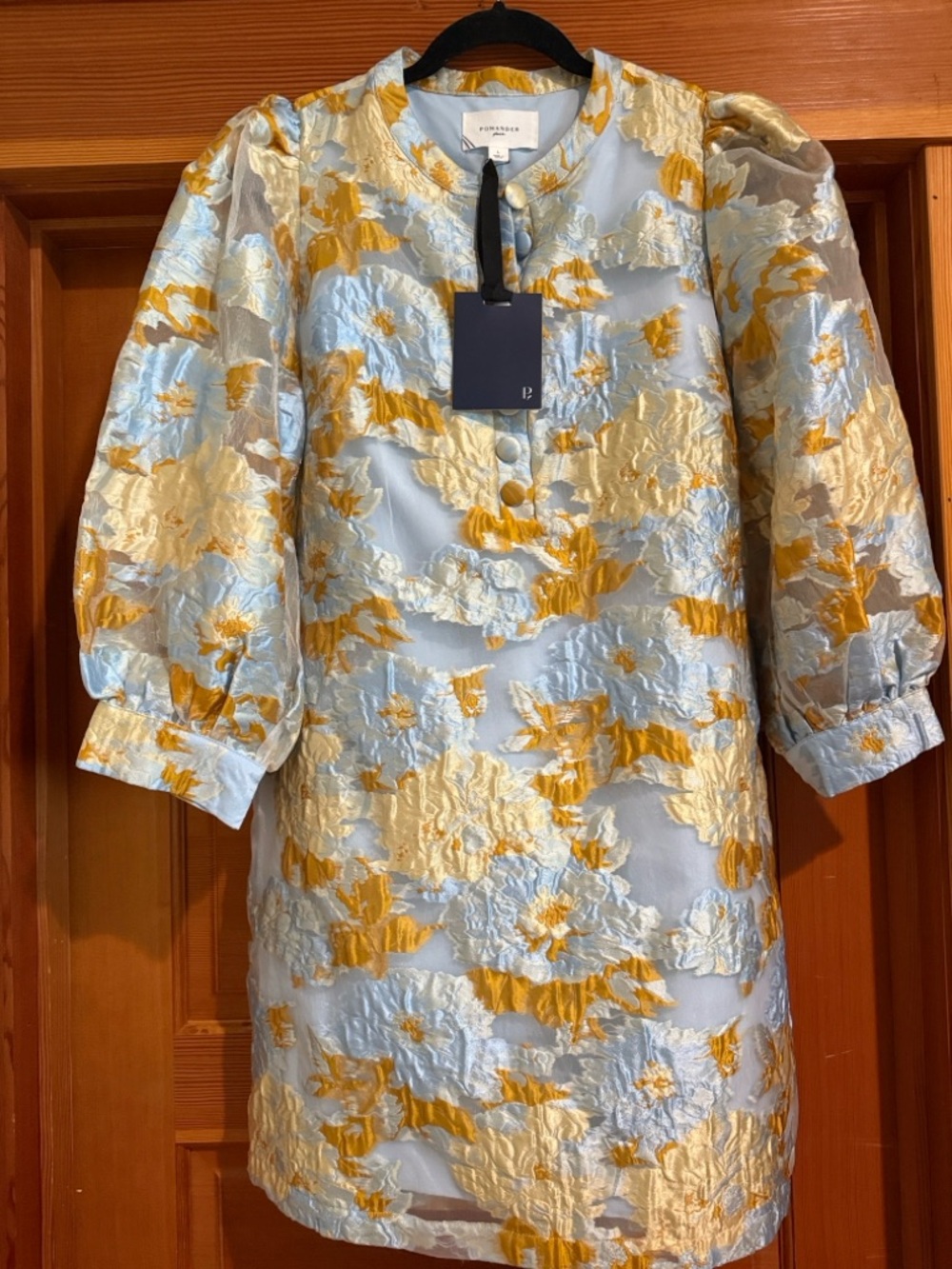 Floral Jacquard Mini Dress in Light Blue and Gold